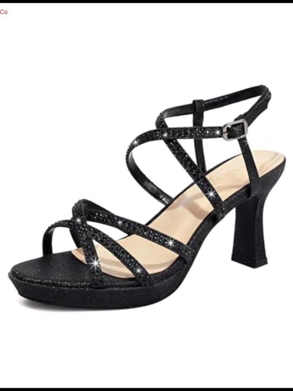 Rhinestone Platform Sandals Chunky Block Heel Ankle Strap Faux Leather